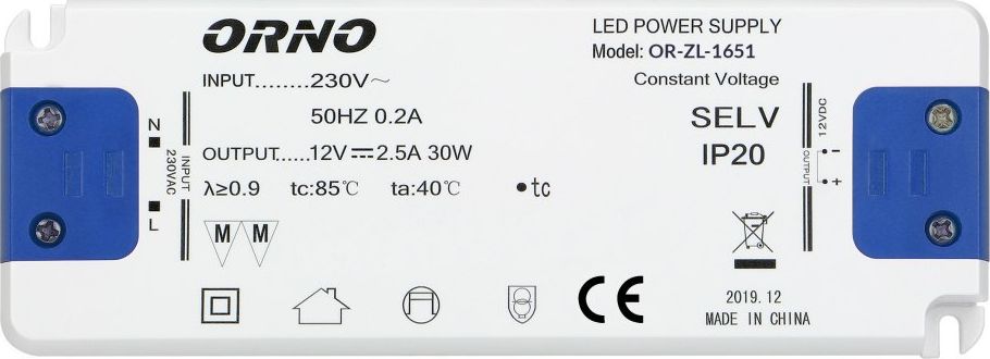 Zasilacz serwerowy Orno Zasilacz plaski do LED 12VDC 30W, IP20, wysokosc 18mm OR-ZL-1651 (5908254803925) Serveru aksesuāri