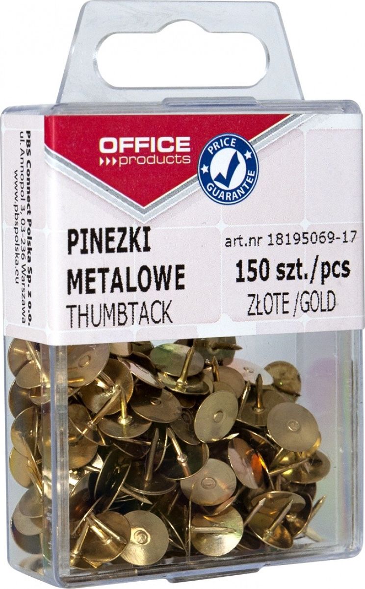 Office Products Pinezki metalowe OFFICE PRODUCTS, w pudelku, 150 szt., zlote 18195069-17 (5901503665930) biroja tehnikas aksesuāri