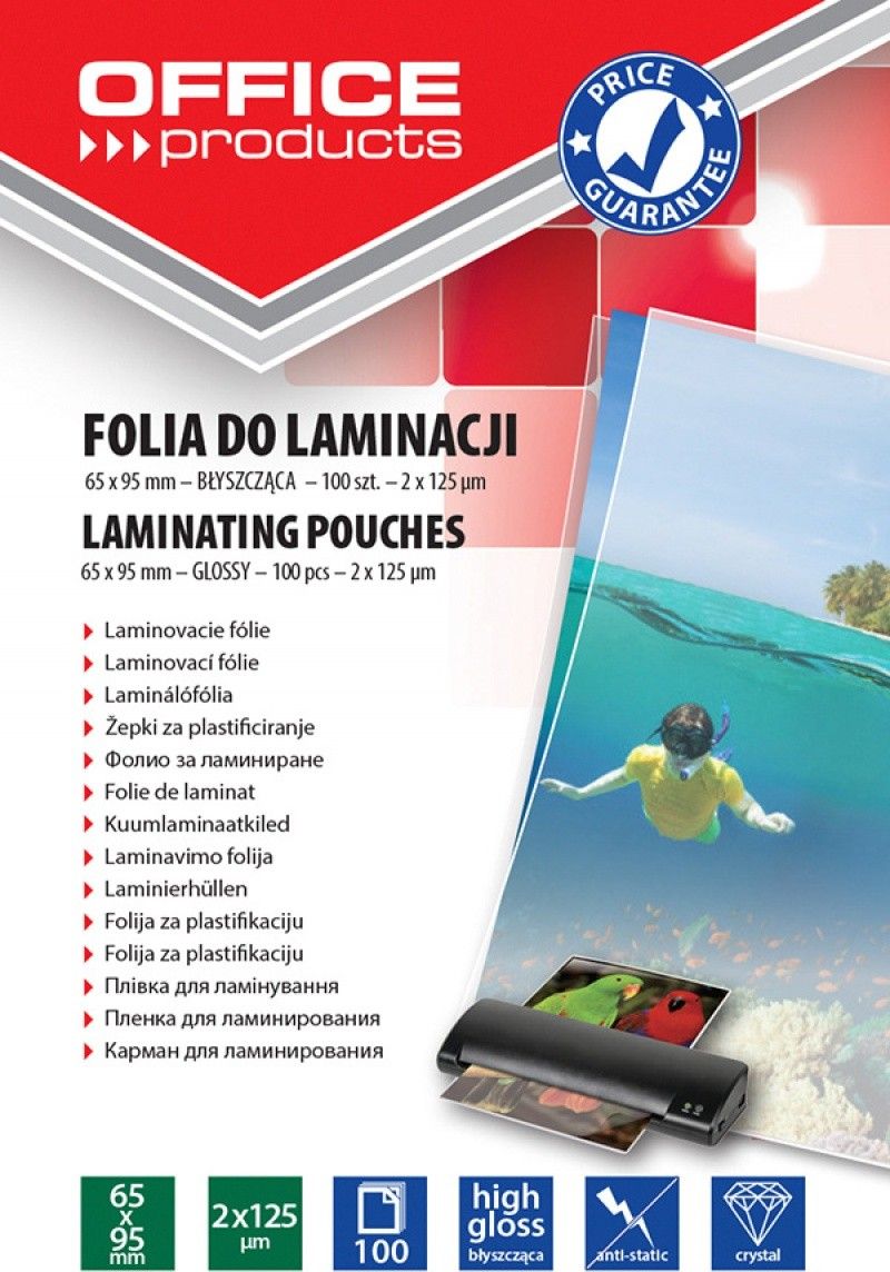 Office Products Folia do laminowania OFFICE PRODUCTS, 65x95mm, 2x125mikr., blyszczaca, 100szt., transparentna 20325835-90 (5901503679289) laminators