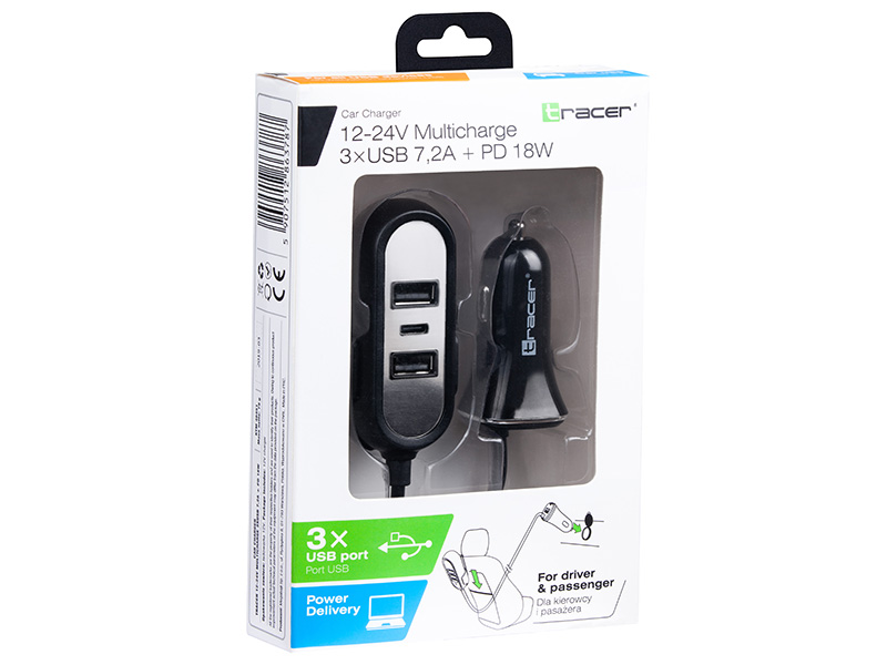 Car charger 12-24V Multicharge 3xUSB 7,2A + PD 18W iekārtas lādētājs