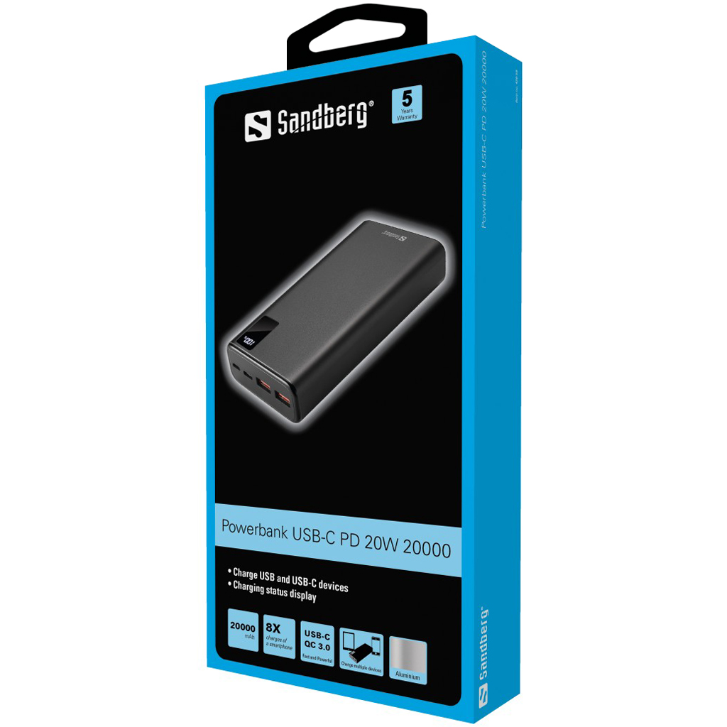 Sandberg Powerbank USB-C PD 20W 20000 Powerbank USB-C PD 20W 20000,  5705730420597 Powerbank, mobilā uzlādes iekārta