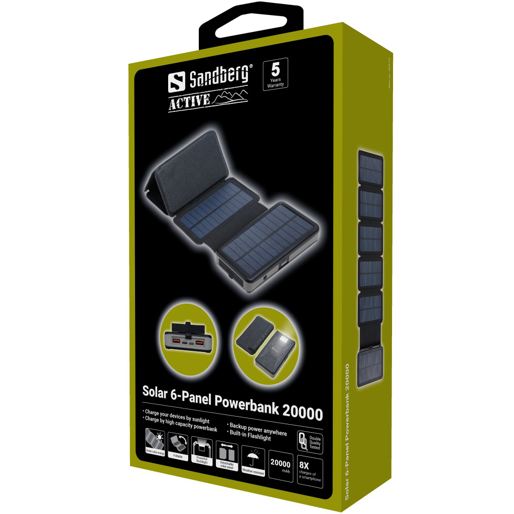 Sandberg Solar 6-Panel Powerbank 20000   5705730420733 Powerbank, mobilā uzlādes iekārta