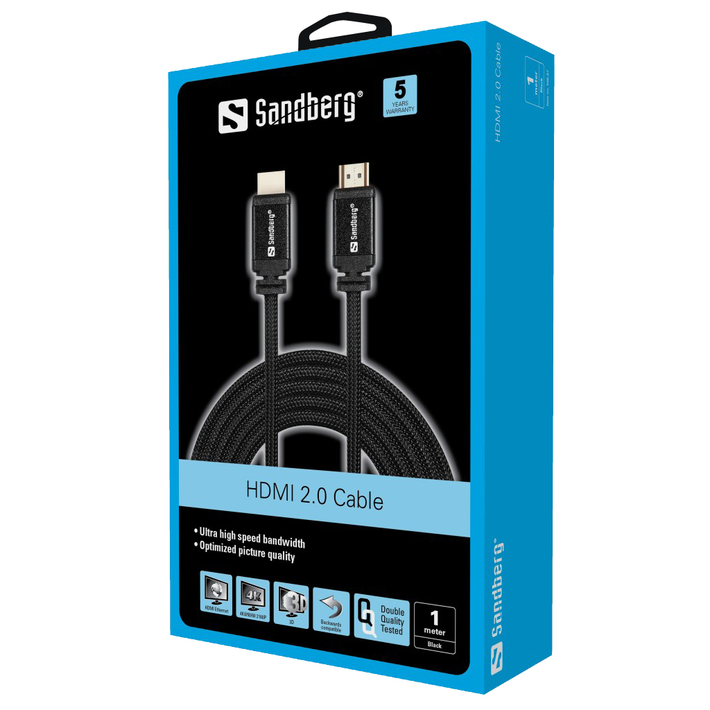 Cable Sandberg HDMI 2.0 19M-19M, 1m, Resolutions up to 4K, Dualview, True 21:9 kabelis video, audio