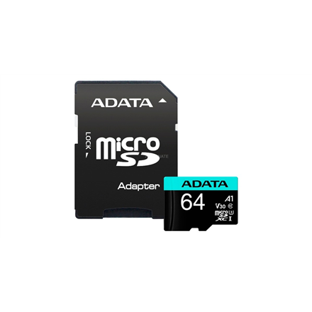 ADATA 64GB Premier Pro MICROSDXC, R/W up to 100/80 MB/s, with Adapter atmiņas karte