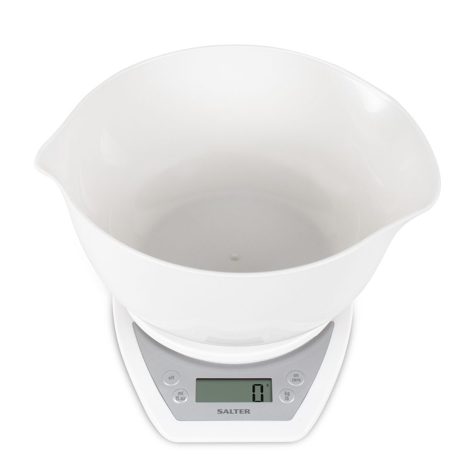 Salter 1024 WHDR14 Digital Kitchen Scales with Dual Pour Mixing Bowl White 5010777134537 virtuves svari