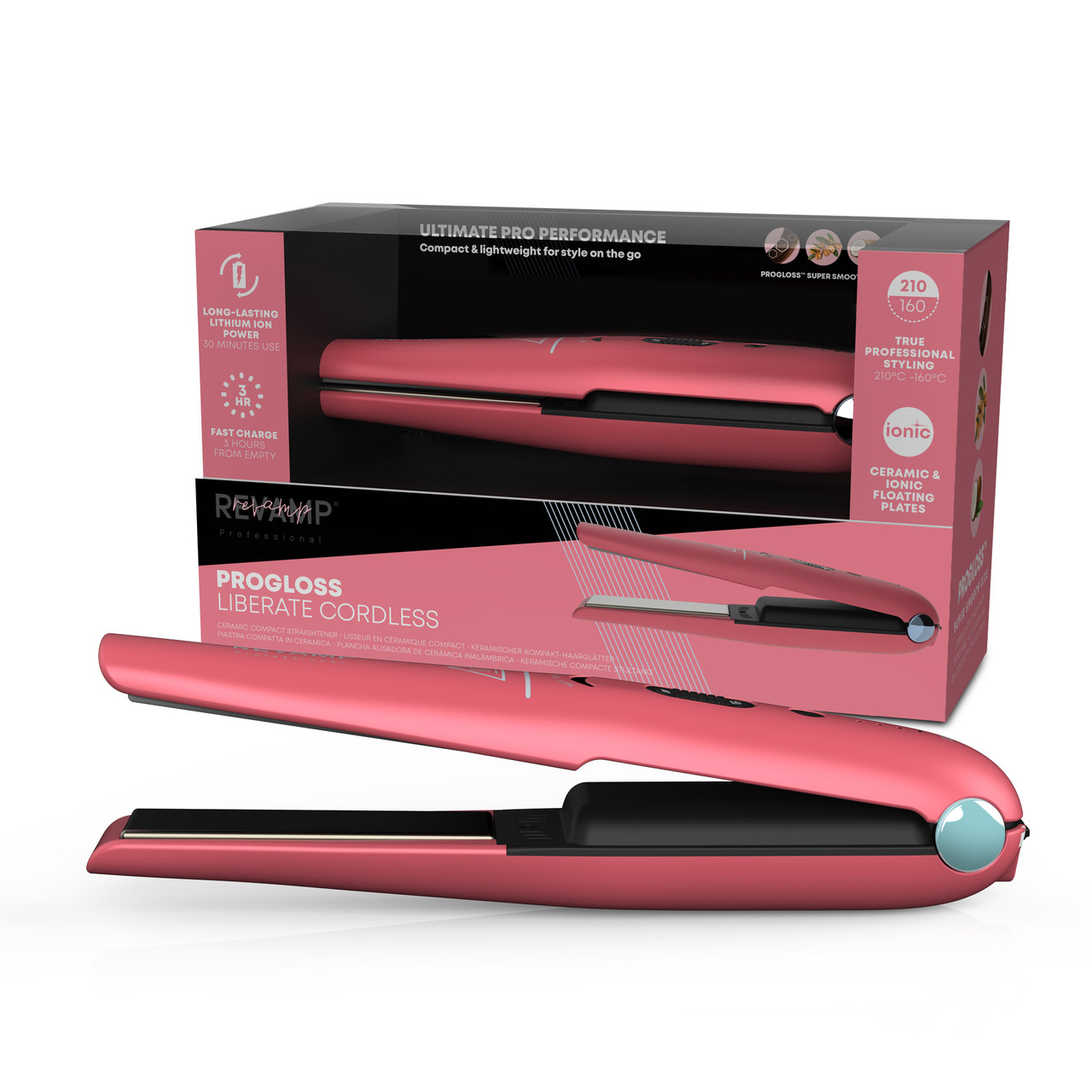 Revamp ST-1700PK-EB Progloss Liberate Cordless Ceramic Compact Hair Straightener Pink 5010777158281 Matu taisnotājs