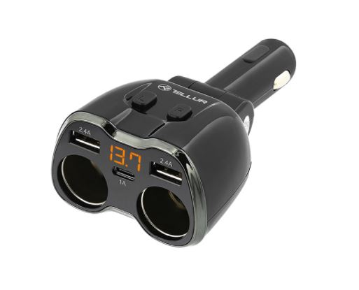 Tellur 2 Sockets cigarette lighter splitter, 2xUSB, Type-C 5949120001106 iekārtas lādētājs