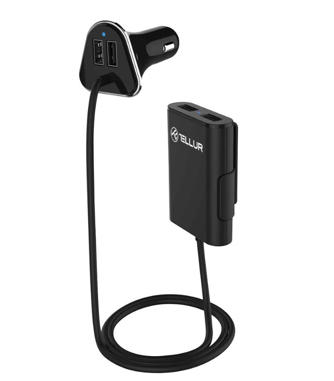 Tellur Car Charger with extension, 4*USB, 9.6A, 1.8m black 5949087928508 iekārtas lādētājs