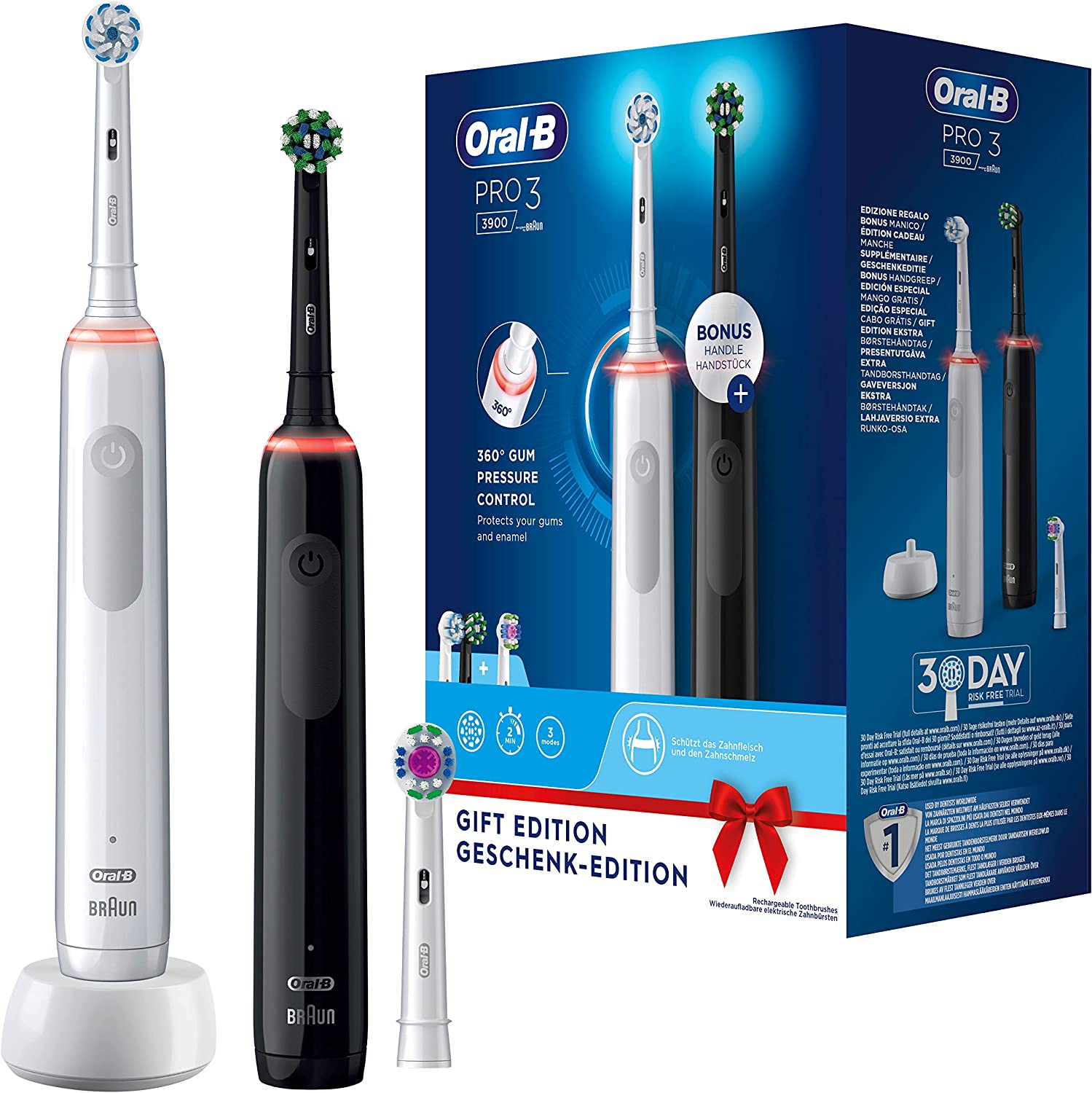 Braun Oral-B Pro 3 3900 Gift Edition, Electric Toothbrush (white/black, incl. 2nd handpiece) mutes higiēnai