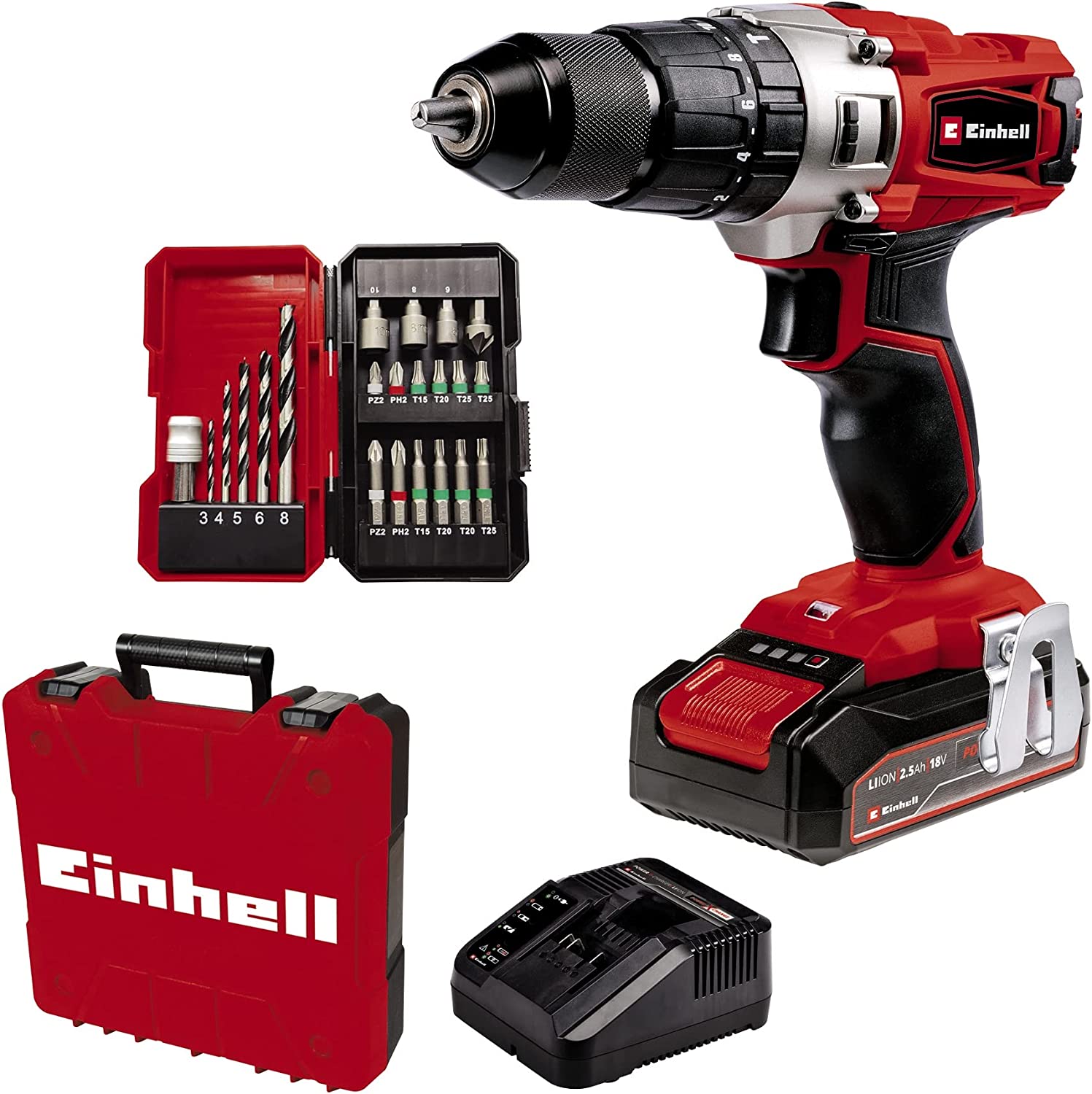 Einhell Cordless Impact Drill TE-CD 18/2 Li-i +22, 18V (red/black, Li-Ion battery 2.5Ah, case E-Box Basic + bit drill set) 4514220 (40068256