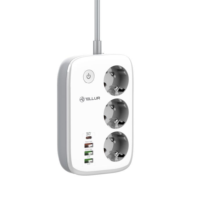 Tellur Smart WiFi Power Strip 3 Outlets, PD30W, QC18W, 2xUSB 2.4A 2500W 10A 2m 5949120004794 elektrības pagarinātājs