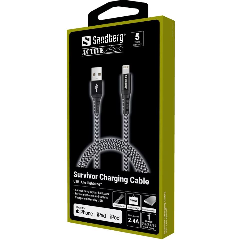 SANDBERG Survivor Lightning Cable 1M kabelis, vads