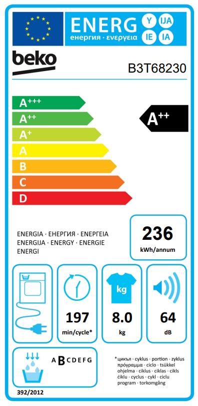 BEKO Dryer B3T68230 A++, 8kg, Depth 54.3 cm, Heat Pump, Steam Cure Veļas žāvētājs