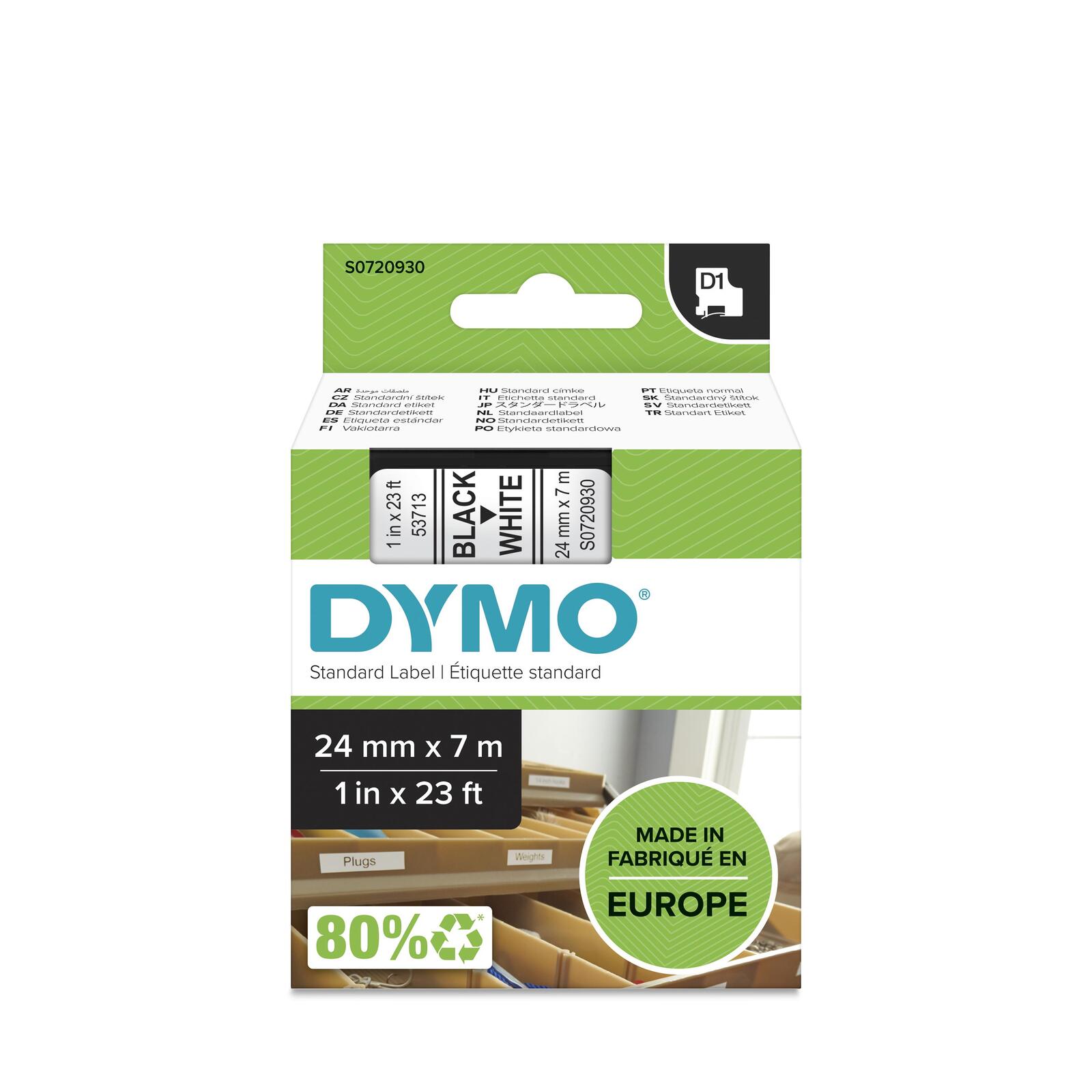 DYMO TAPE D1 24X7M  BLACK/WHITE S0720930 papīrs