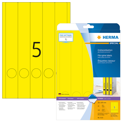 HERMA Ordneretiketten A4 yellow 38x297 mm Papier opak 100 St. biroja tehnikas aksesuāri