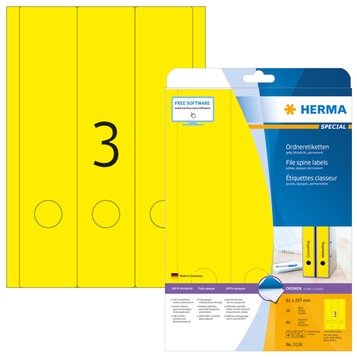 HERMA Ordneretiketten A4 yellow 61x297 mm Papier opak  60 St. biroja tehnikas aksesuāri