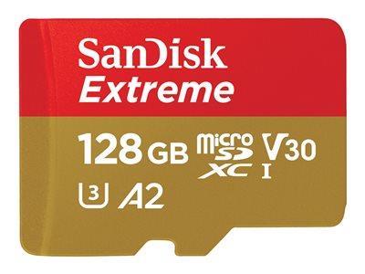 SANDISK Extreme 128GB microSDXC + 1 year RescuePRO Deluxe up to 190MB/s & 90MB/s Read/Write speeds A2 C10 V30 UHS-I U3 atmiņas karte