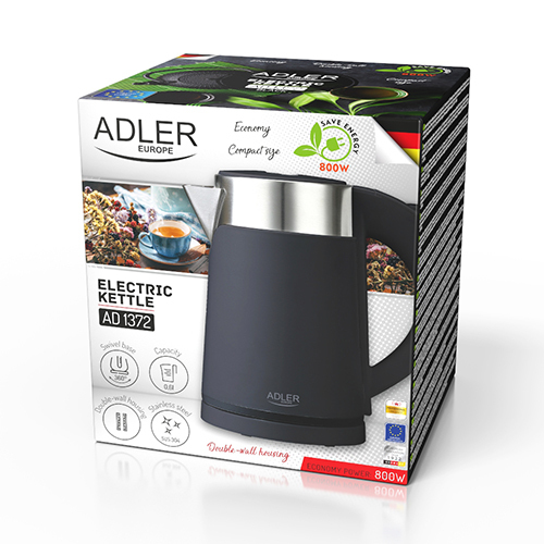 Adler Kettle  AD 1372 Electric, 800 W, 0.6 L, Plastic/Stainless steel, 360 degrees  rotational base, Black Elektriskā Tējkanna