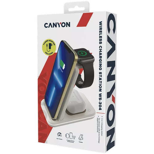 CANYON WS-304,  Foldable  3in1 Wireless charger, with touch button for Running water light, Input 9V/2A,  12V/1.5AOutput 15W/10W/7.5W/5W, Ty aksesuārs mobilajiem telefoniem