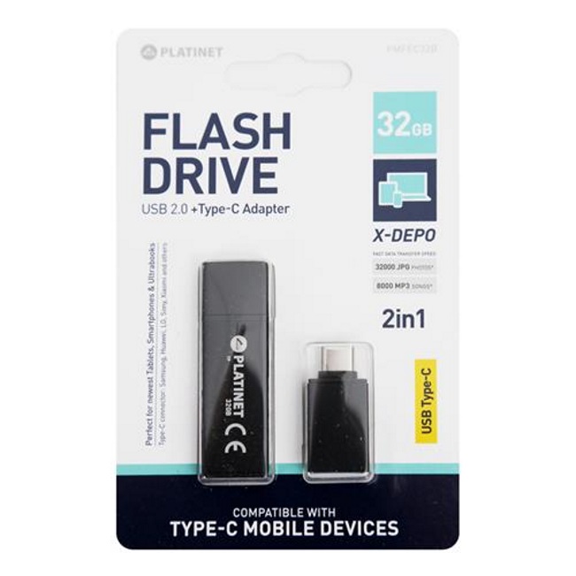 Platinet PMFEC32B 2in1 32GB USB 2.0 un Micro Type-C Pieslēguma OTG Adapteris Telefonam Planšetdatoram Melns USB Flash atmiņa