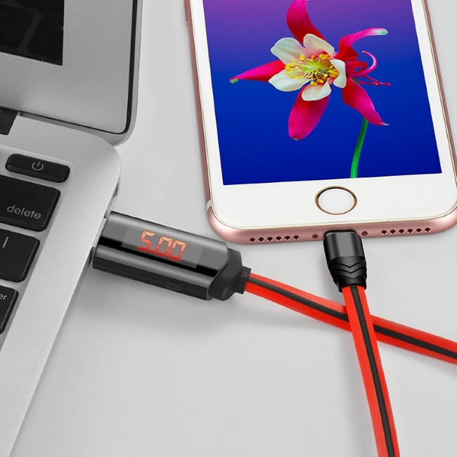 Hoco U29 USB uz Lightning USB 1.2m Kabelis ar info LCD - Ampēri / Voltāža / Izslēgšanās Taimera Poga Balts USB kabelis