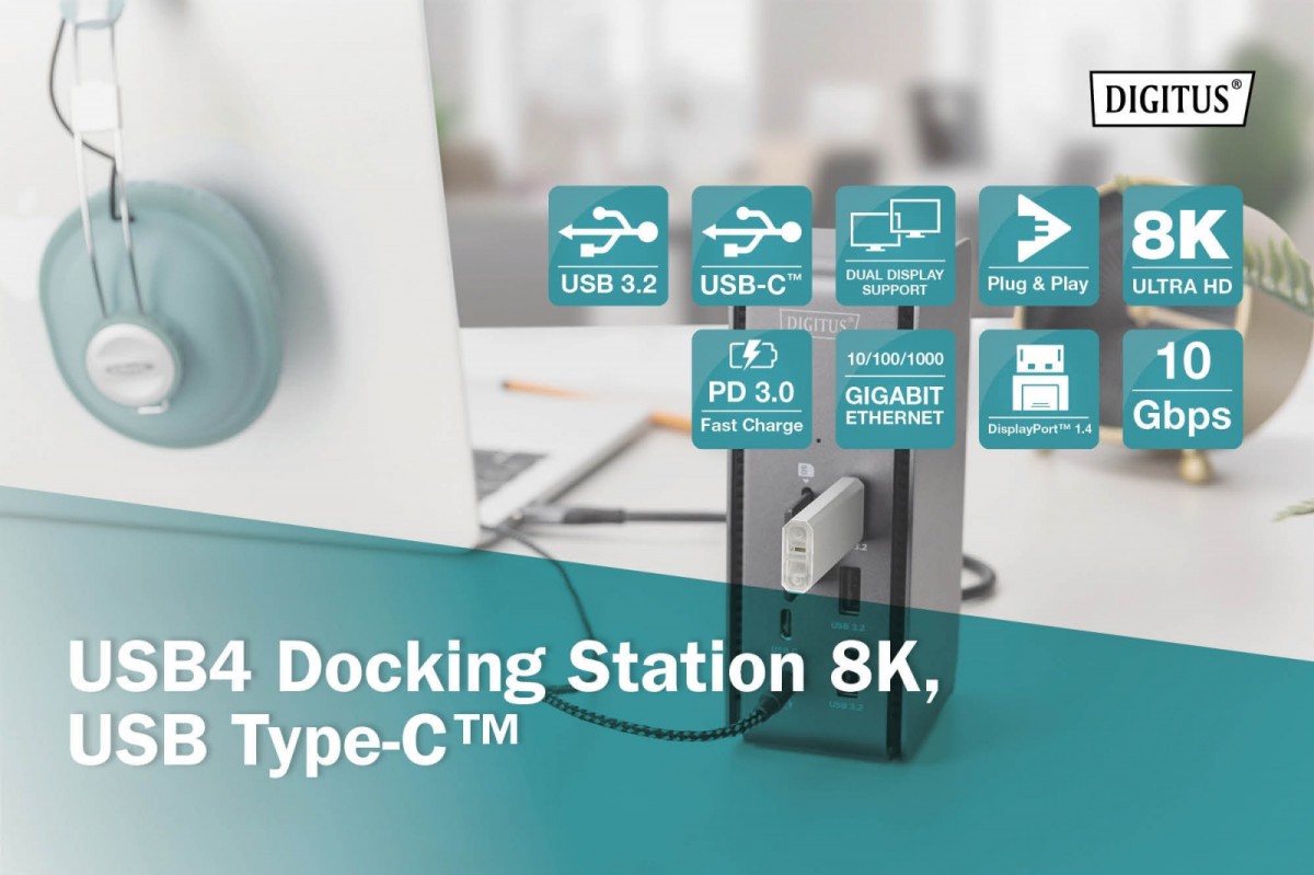 Digitus USB 4.0 Docking Station 14 in 1 2x Video 8K/30Hz, 3x USB 10GHz DA-70897 USB centrmezgli