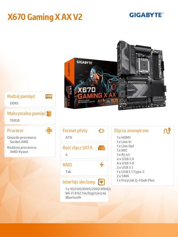 Gigabyte X670 GAMING X AX V2 - 1.0 - motherboard - ATX - Socket AM5 - AMD X670 pamatplate, mātesplate