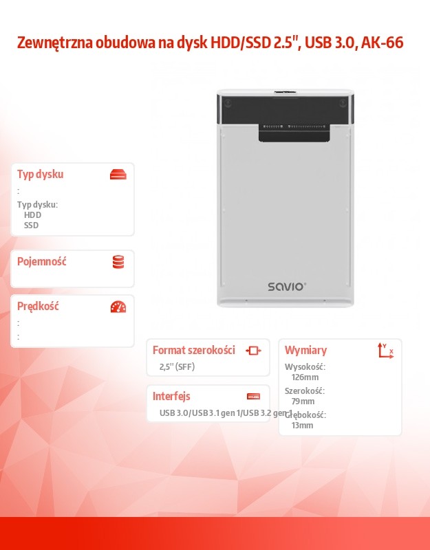 External enclosure for HDD/SSD AK-66 USB 3.0 2.5 SAVAK-66 (5901986048176) cietā diska korpuss