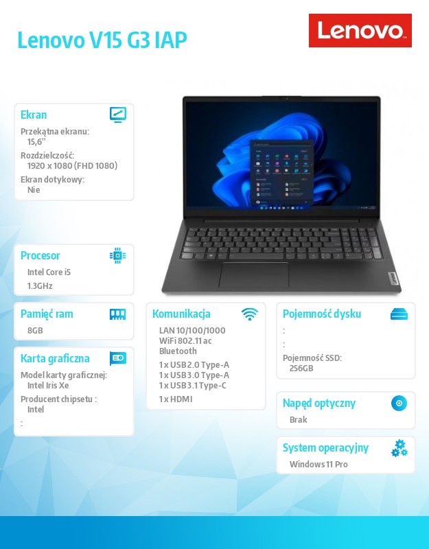 Notebook V15 G3 82TT00H6PB W11Pro i5-1235U/8GB/256GB/INT/15.6 FHD/3YRS OS Portatīvais dators