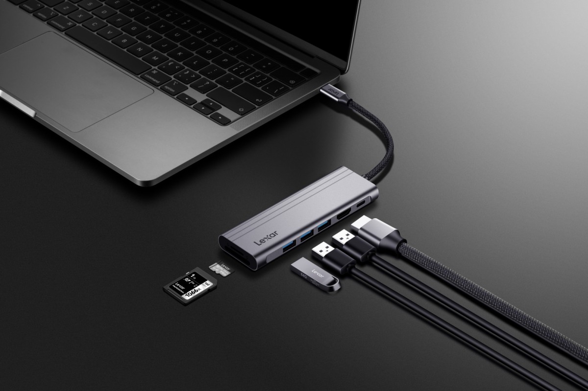 Hub 7-in-1 USB-C USB3.2 Gen1. Type-C, 3xUSB-A HDMI, SD, microSD slot. PD 100W dock stacijas HDD adapteri