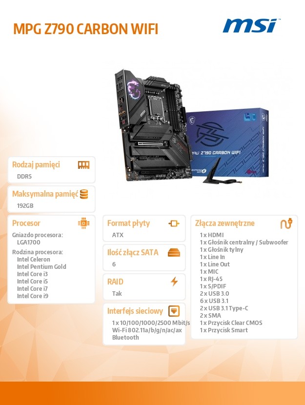 MSI MPG Z790 CARBON WIFI Socket 1700 DDR5 HDMI ATX pamatplate, mātesplate
