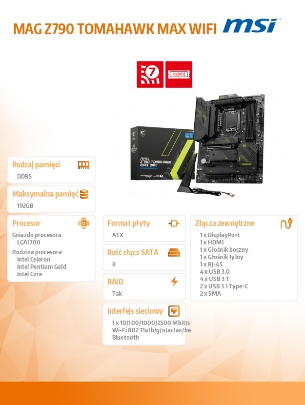 MSI MAG Z790 Tomahawk Max WiFi, Intel Z790 Mainboard - Socket 1700, DDR5 pamatplate, mātesplate