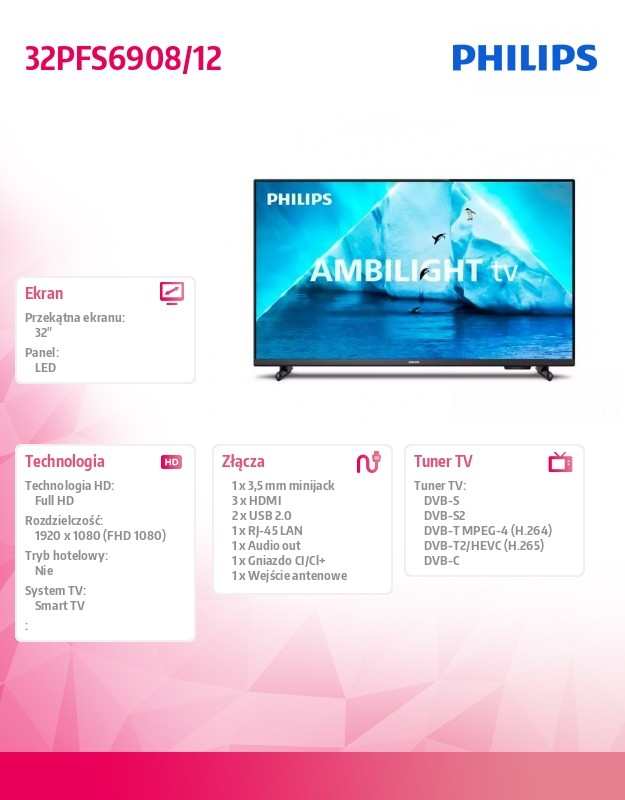 Philips 32PFS6908/12 32" (80 cm), Smart TV, FHD, 1920 x 1080, Wi-Fi, DVB-T/T2/T2-HD/C/S/S2 LED Televizors
