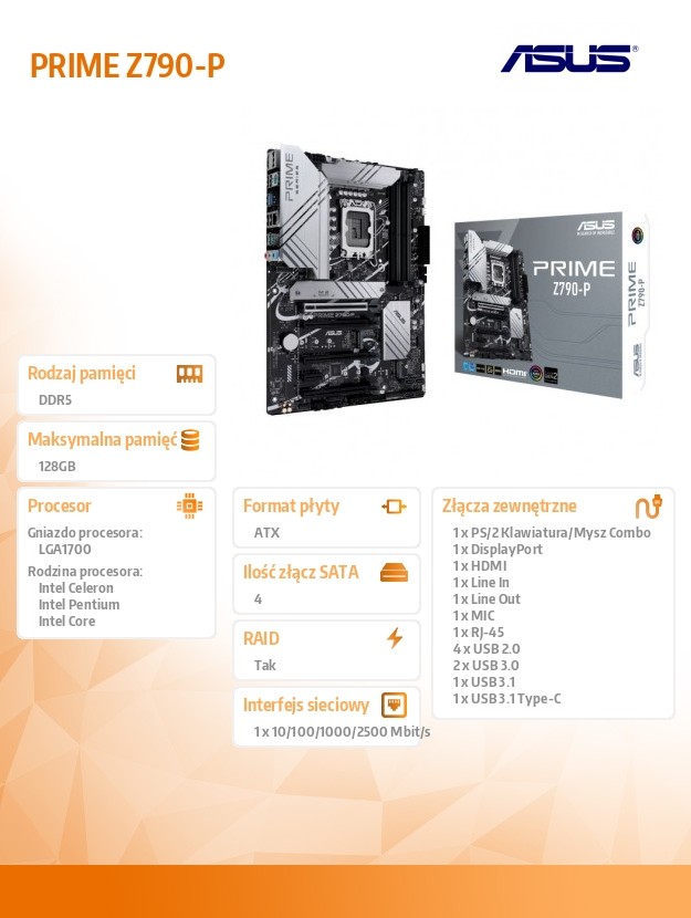 Asus PRIME Z790-P Processor family Intel, Processor socket  LGA1700, DDR5 DIMM, Memory slots 4 pamatplate, mātesplate