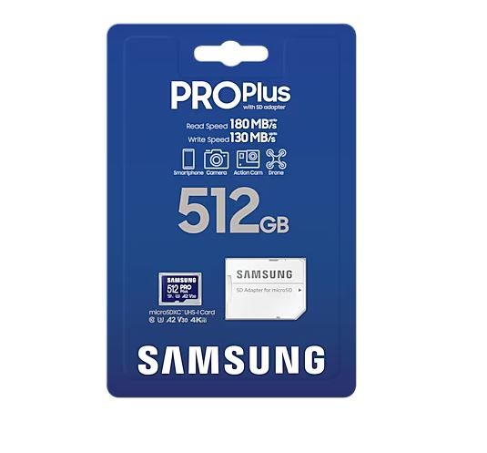Samsung PRO Plus microSD Card with Adapter 512 GB, MicroSDXC, Flash memory class U3, V30, A2 atmiņas karte