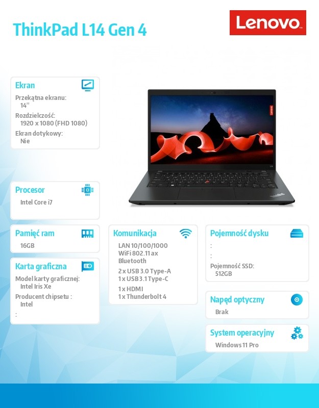 Laptop ThinkPad L14 G4 21H10041PB W11Pro i7-1355U/16GB/512GB/INT/14.0 FHD/Thunder Black/1YR Premier Support + 3YRS OS Portatīvais dators