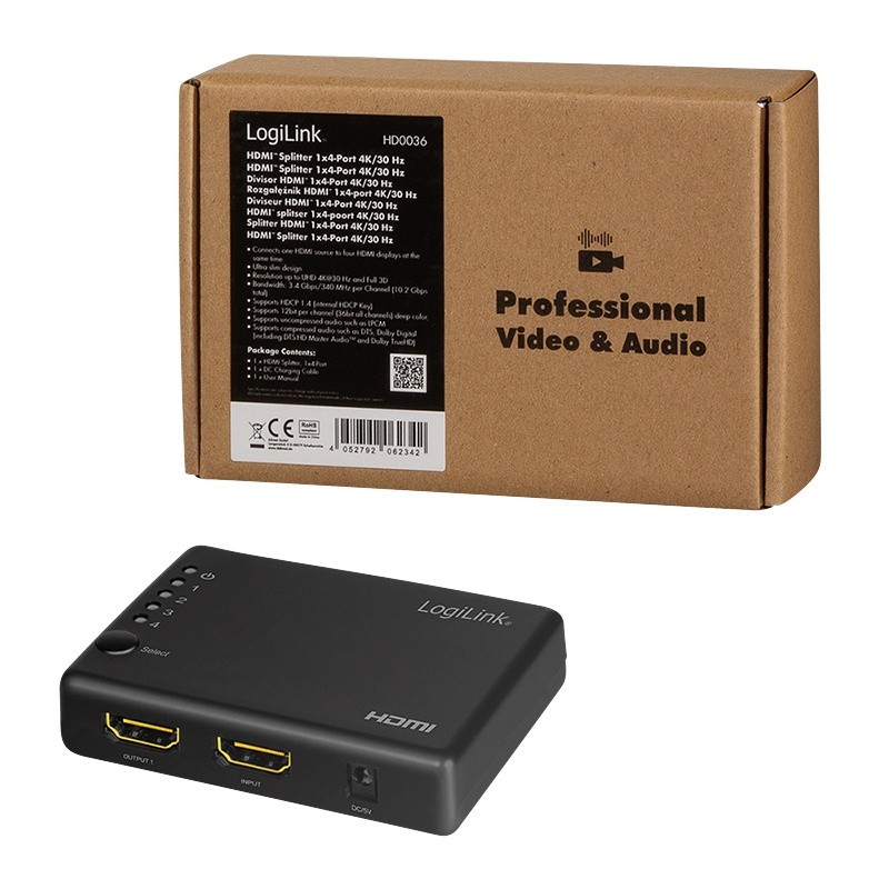 LogiLink HDMI-Splitter 1x4-Port, 4K/30Hz, schlank, schw. dock stacijas HDD adapteri
