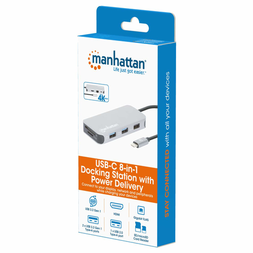 MANHATTAN USB-C 8-in-1 Dockingstation HDMI RJ45 3xUSB-A dock stacijas HDD adapteri