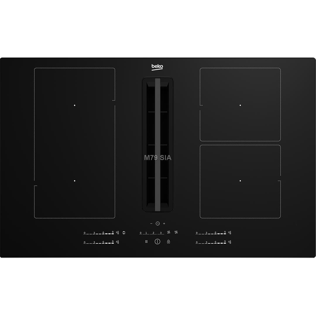 Beko, platums 80 cm, melna - Iebuvejama indukcijas plits virsma ar tvaika nosuceju