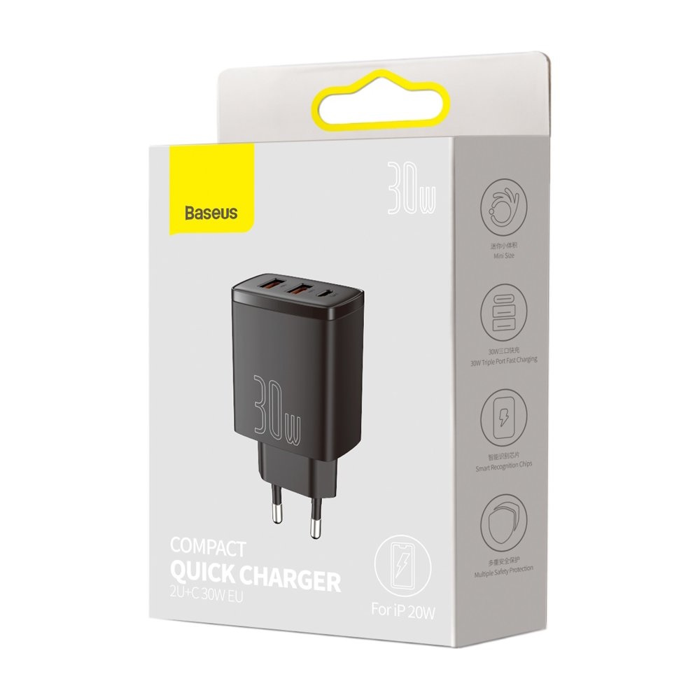 Baseus Compact Quick Charger, 2xUSB, USB-C, PD, 3A, 30W Black iekārtas lādētājs