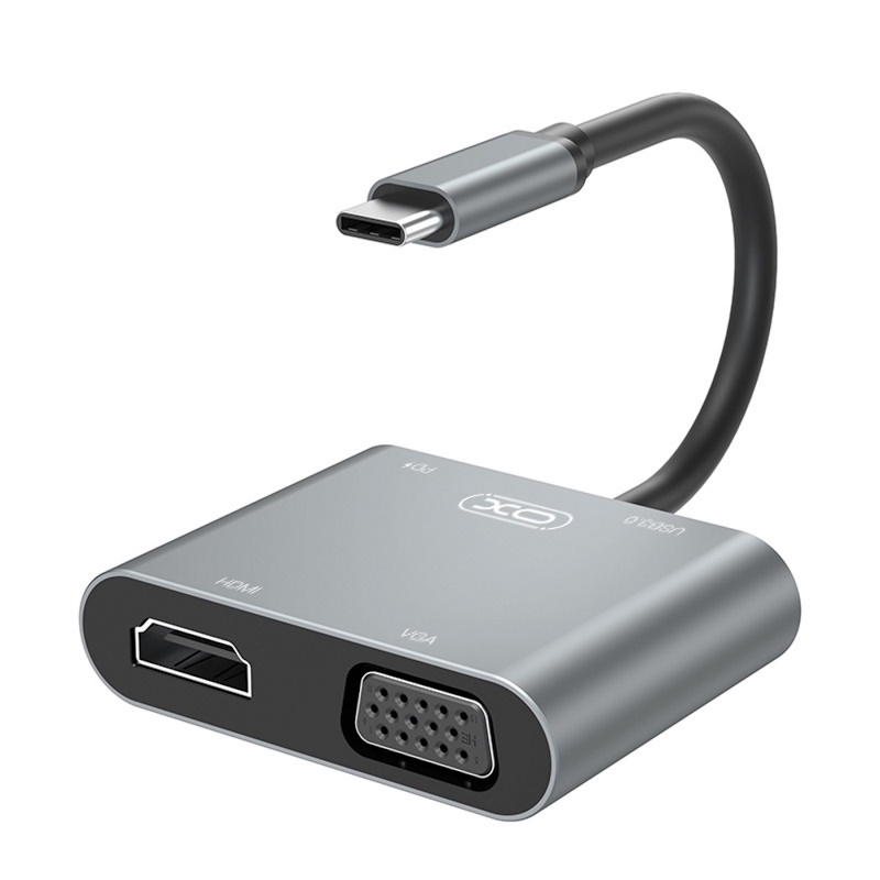 XO HUB001 4in1 Video Adapteris - Pāreja no USB-C uz Hdmi 4K 30Hz / VGA monitors / USB 3.0 / USB-C PD 100W kabelis video, audio