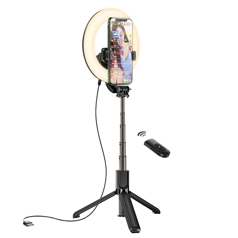 Hoco LV03 2in1 Bezvadu selfie nūja & Video WEB zvanu statīvs ar galda trīskāji & pulti + Led gaismu līdz 80cm Melna Selfie Stick