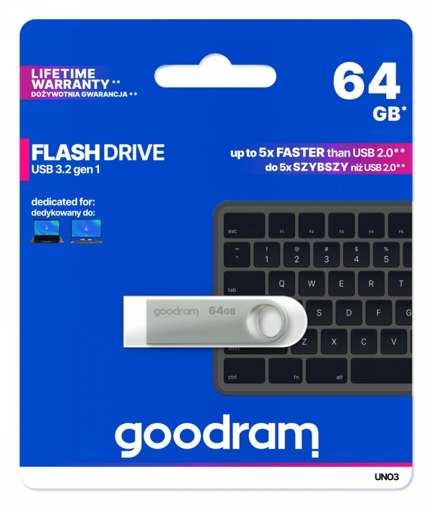 GOODRAM FLASHDRIVE 64GB UNO3 SILVER USB 3.2 Gen 1 USB Flash atmiņa