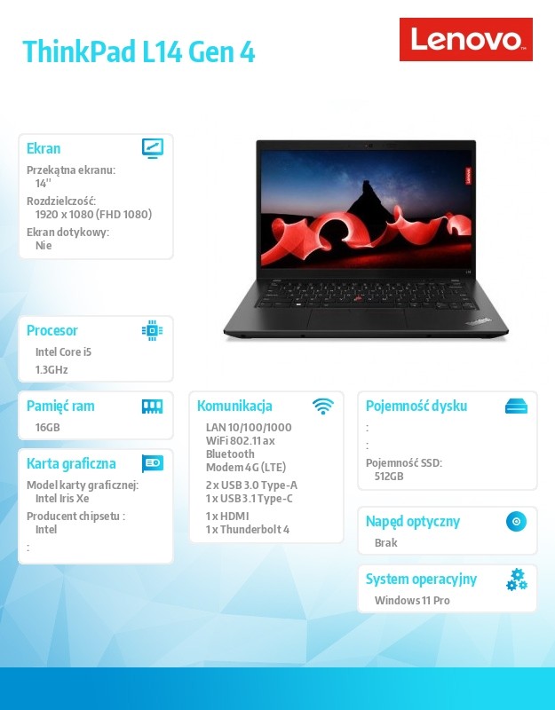 Laptop Lenovo Lenovo ThinkPad L14 i5-1335U Notebook 35,6 cm (14") Full HD Intel Registered  Core Trademark  i5 16 GB DDR4-SDRAM 512 GB SSD W Portatīvais dators