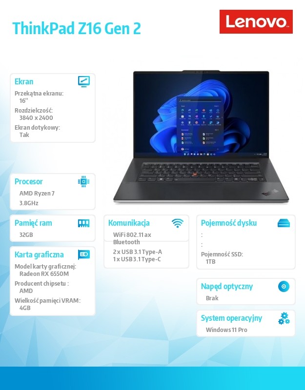 Laptop ThinkPad Z16 G2 21JX0018PB W11Pro 7840HS/32GB/1TB/AMD Radeon/16.0 WQUXGA/Touch/Arctic Grey/3YRS Premier Support + CO2 Offset Portatīvais dators