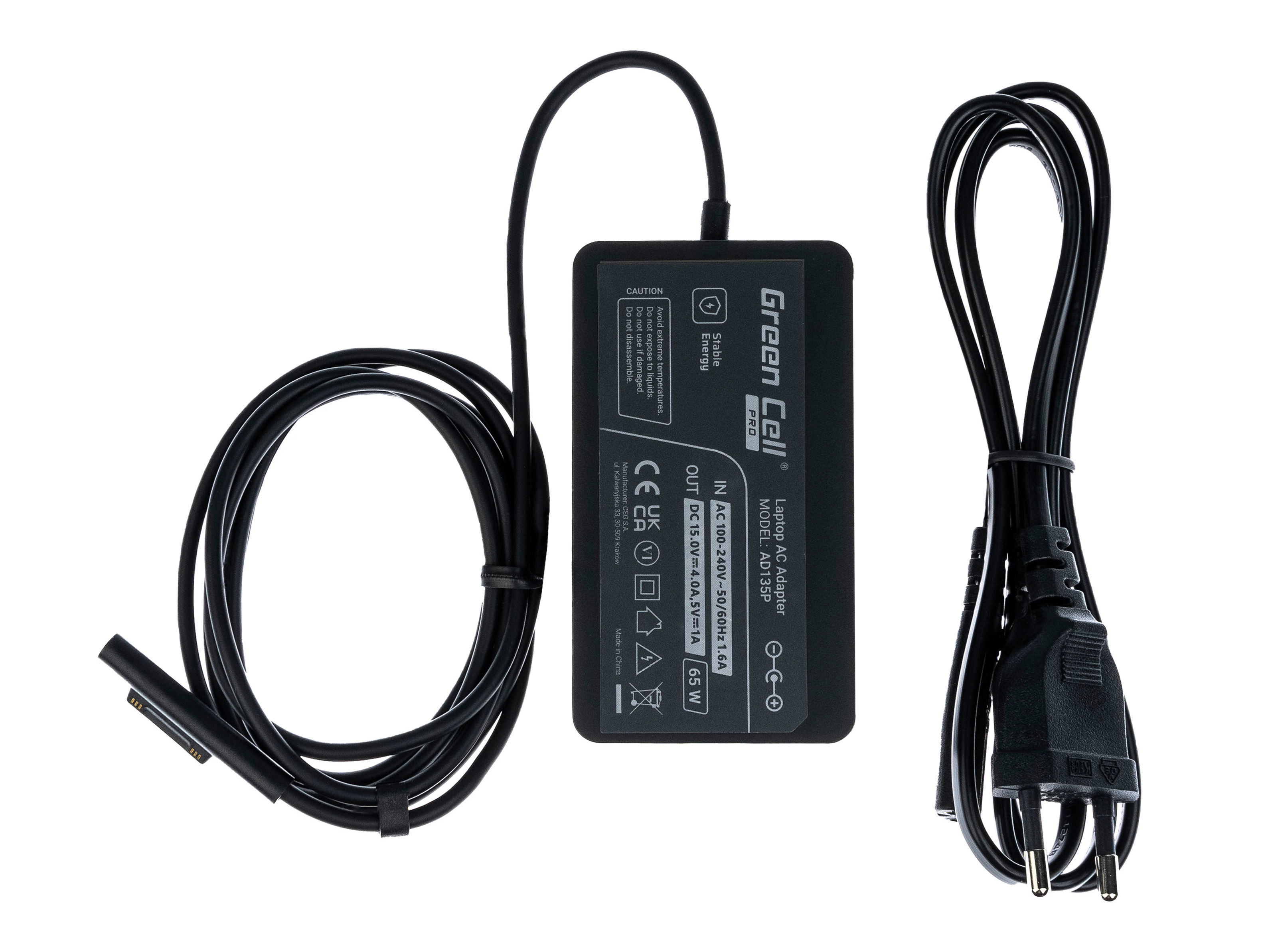 Green Cell PRO 1706 65W 15V 4A Charger Adapter for Microsoft Surface Laptop, Pro, Book, Go portatīvo datoru lādētājs