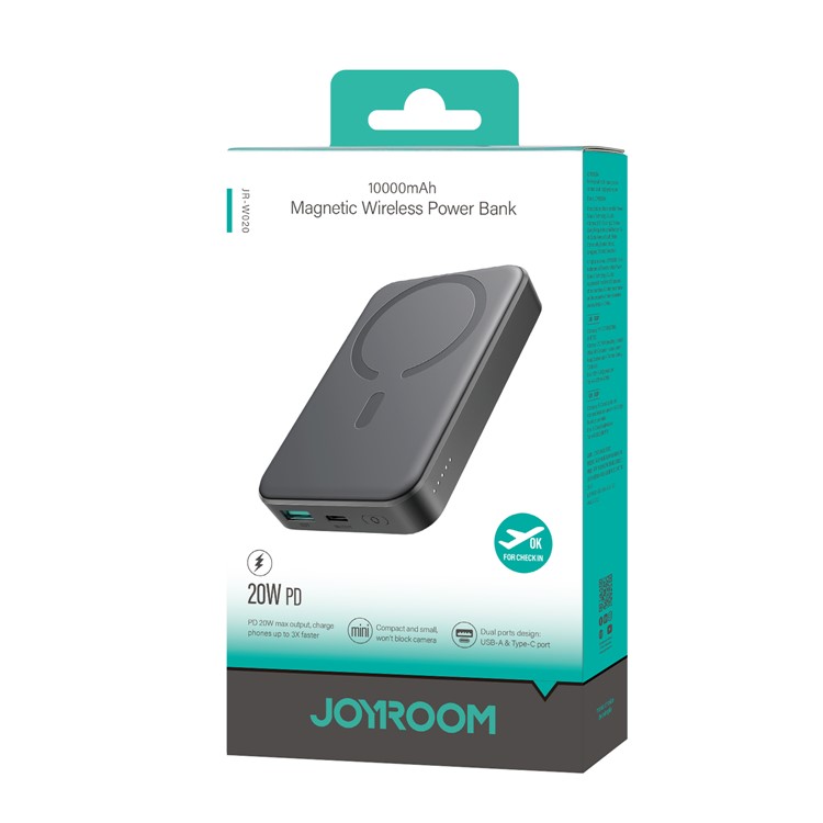 Arejais-akumulators Power Bank Joyroom JR-W020 20W Magnetic Wireless 10000mAh melns Powerbank, mobilā uzlādes iekārta