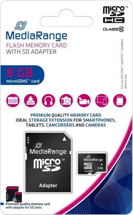 MediaRange SD MicroSD Card  8GB SD CL.10 inkl. Adapter atmiņas karte