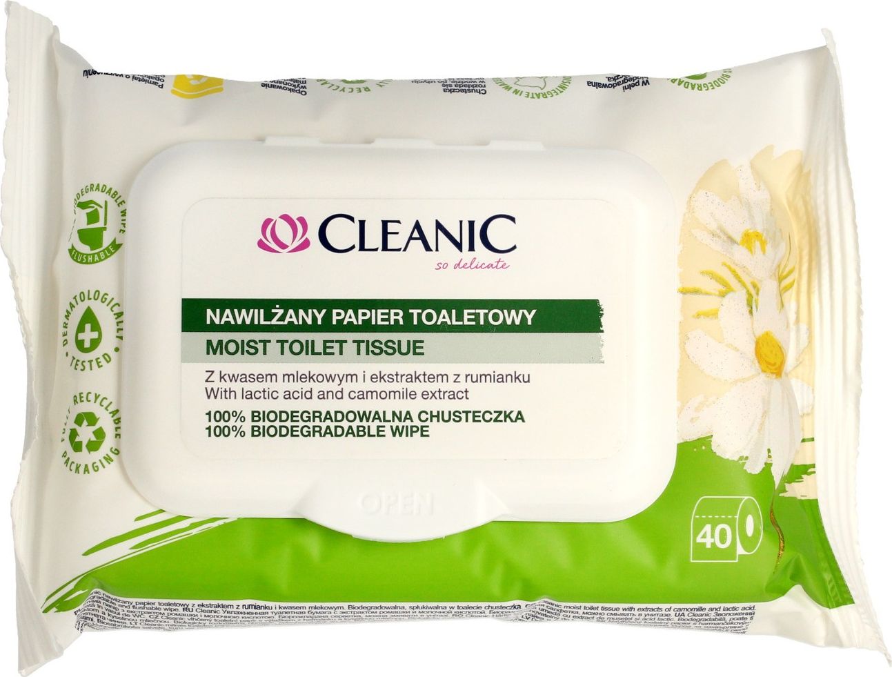 Cleanic Cleanic Papier toaletowy nawilzany z ekstraktem z rumianku 1op.-40szt 709076 (5900095029076) Vannas istabas piederumi