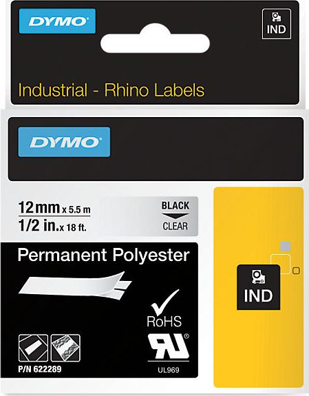 DYMO Registered  Original IND-Schriftband fur Rhino Trademark  Permanent Polyester 12mm x 5,5m - schwarz auf transparent papīrs